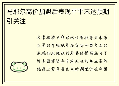马耶尔高价加盟后表现平平未达预期引关注 马耶尔高价加盟后表现平平未达预期引关注